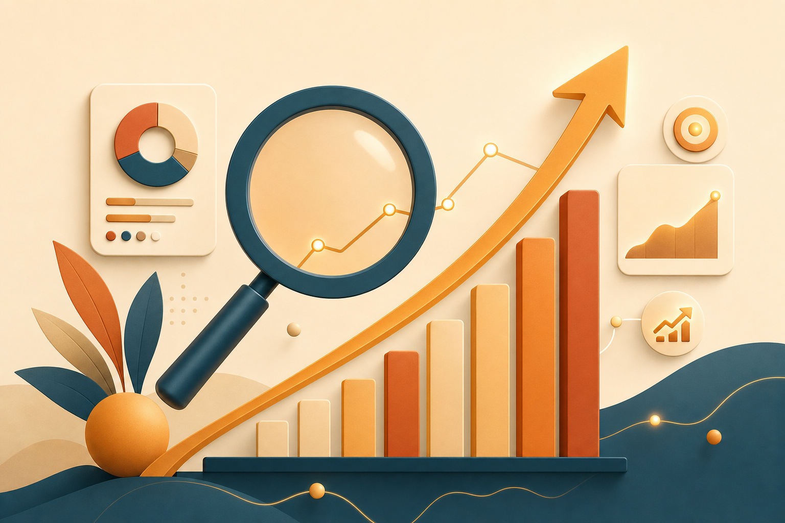 Illustration of SEO growth with a magnifying glass and rising chart