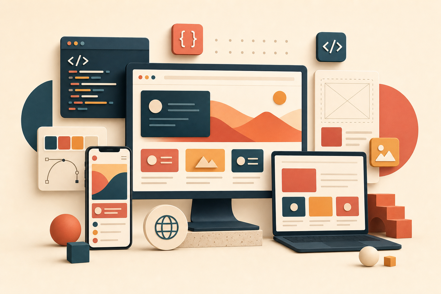 Illustration of responsive websites across desktop and mobile devices